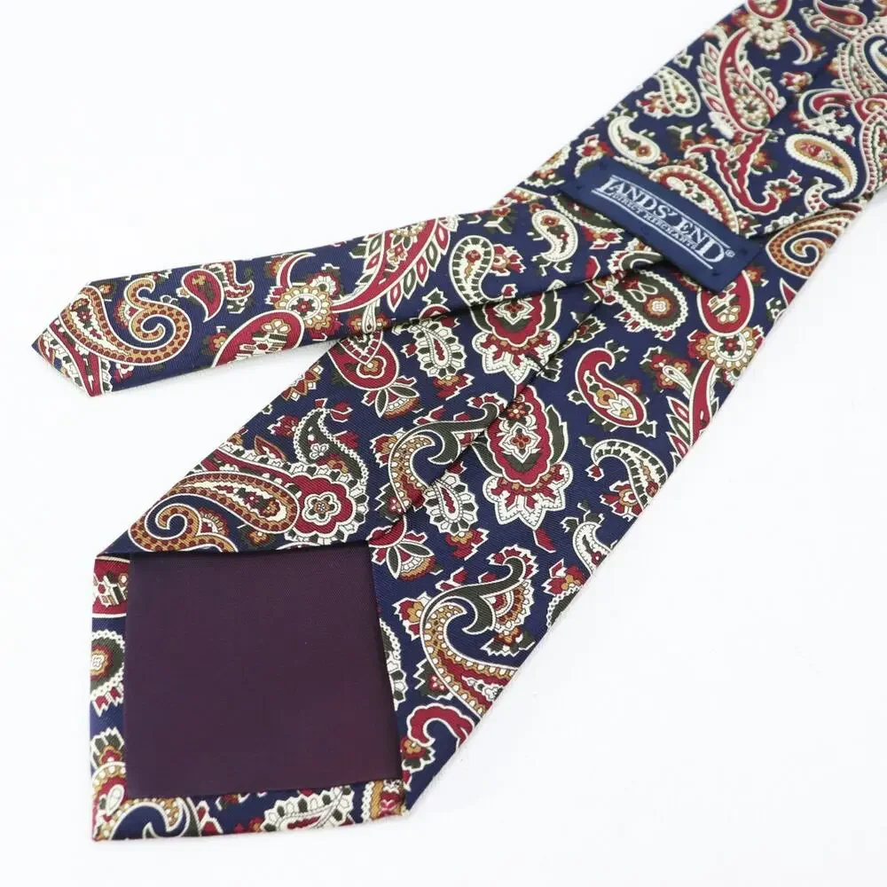 Lands End Tie Mens 58 in Blue Burgundy Cream Paisley Silk Handsewn Lined Wide